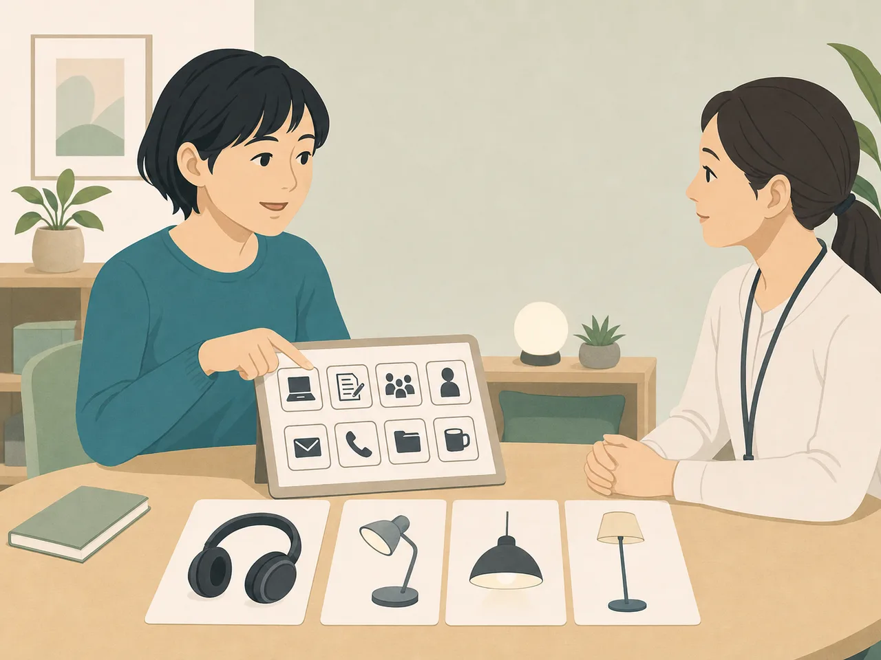 発達特性に合う環境を相談する日本人（フラットイラスト）。発達障害、ニューロダイバーシティ、合理的配慮、相談の記事向け素材です。