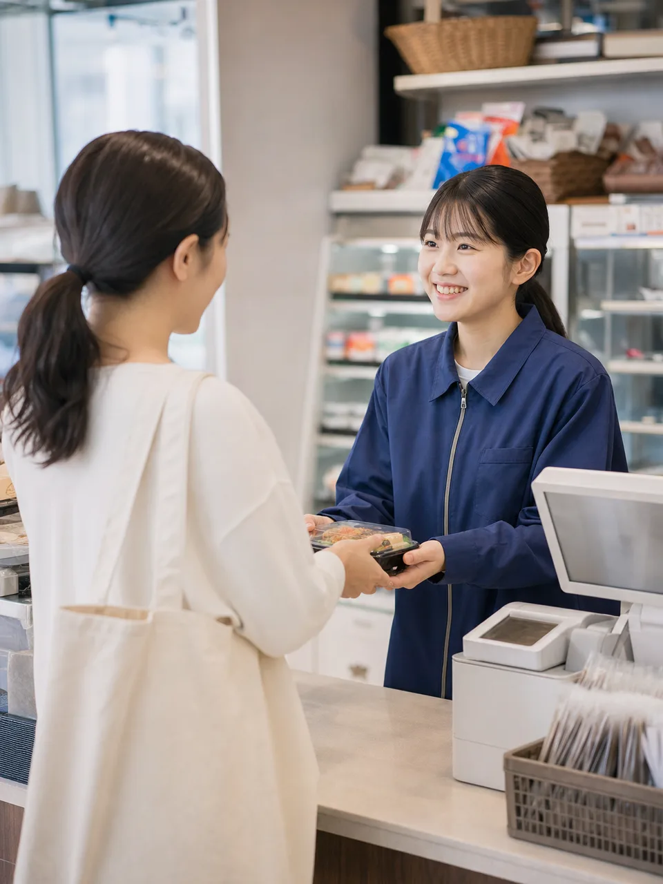 コンビニで接客する日本人スタッフ（自然な縦位置写真）。コンビニ、小売、接客、アルバイト募集の記事に使える店舗素材です。