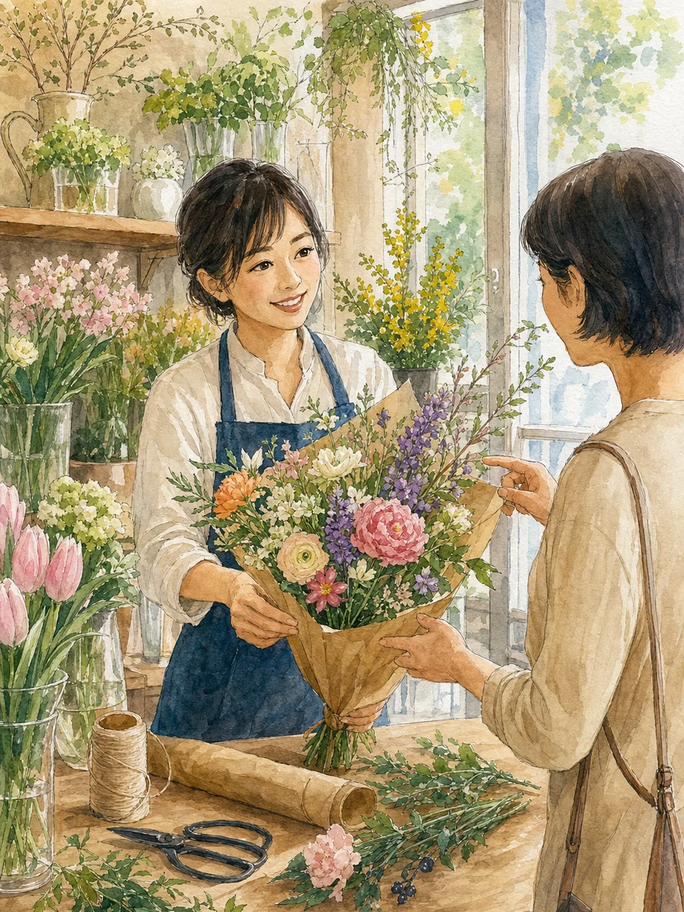 花を束ねる日本人の花屋スタッフ（手描き水彩）。花屋、フローリスト、花束、地域店舗の記事に使える素材です。