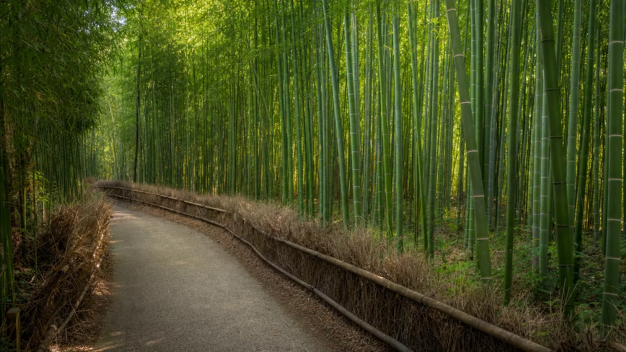 静かな竹林の背景（横長・余白背景）。竹林、新緑、和風、自然背景に使える素材です。