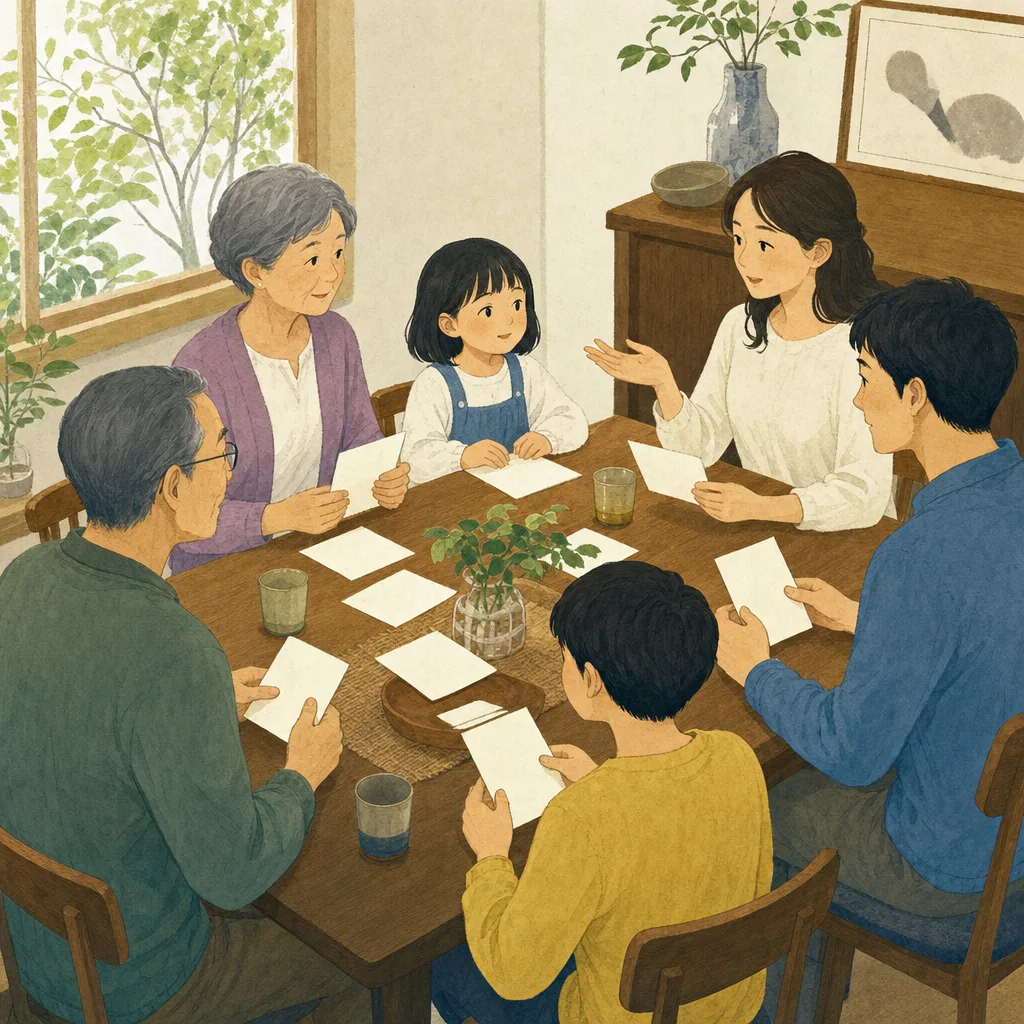 大切なことを話し合う日本人家族（編集記事向け）。家族会議、話し合い、意思決定、家庭の記事向け素材です。