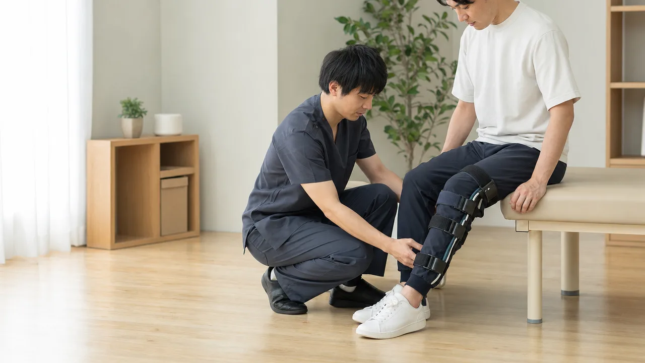装具を調整する日本人義肢装具士（横長・コピースペース）。義肢装具士、装具、福祉用具、リハビリの記事や案内に使える商用素材です。