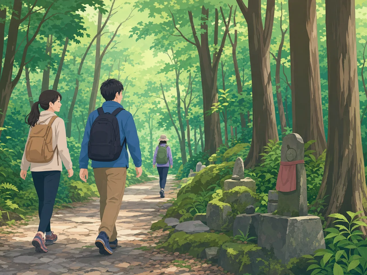 和歌山の古道を歩く旅行者（フラットイラスト）。和歌山旅行、熊野古道、古道歩き、関西旅行の記事や案内に使える商用素材です。