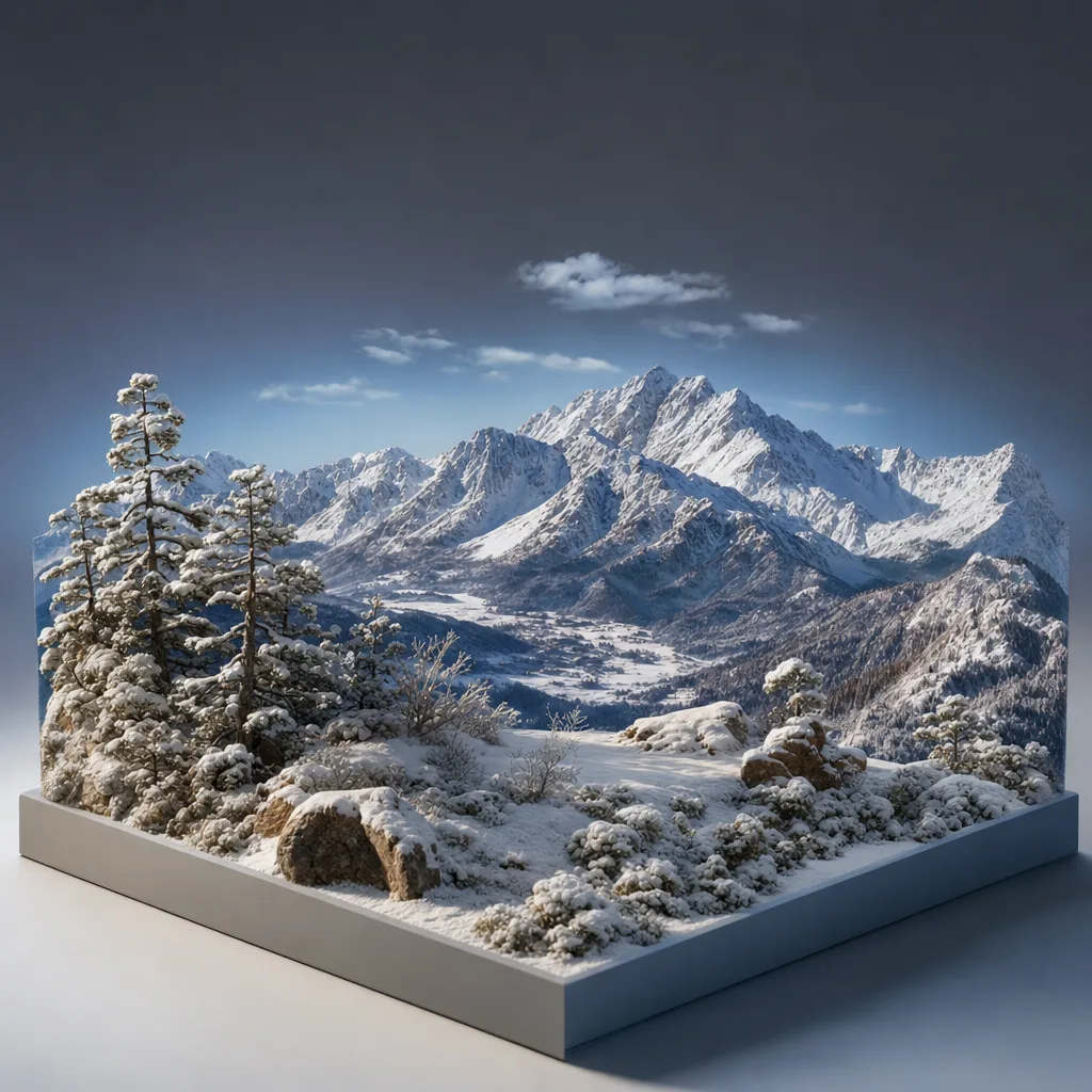冬の日本の雪山（立体ディスプレイ）。雪山、冬山、雪景色、自然風景向け素材です。