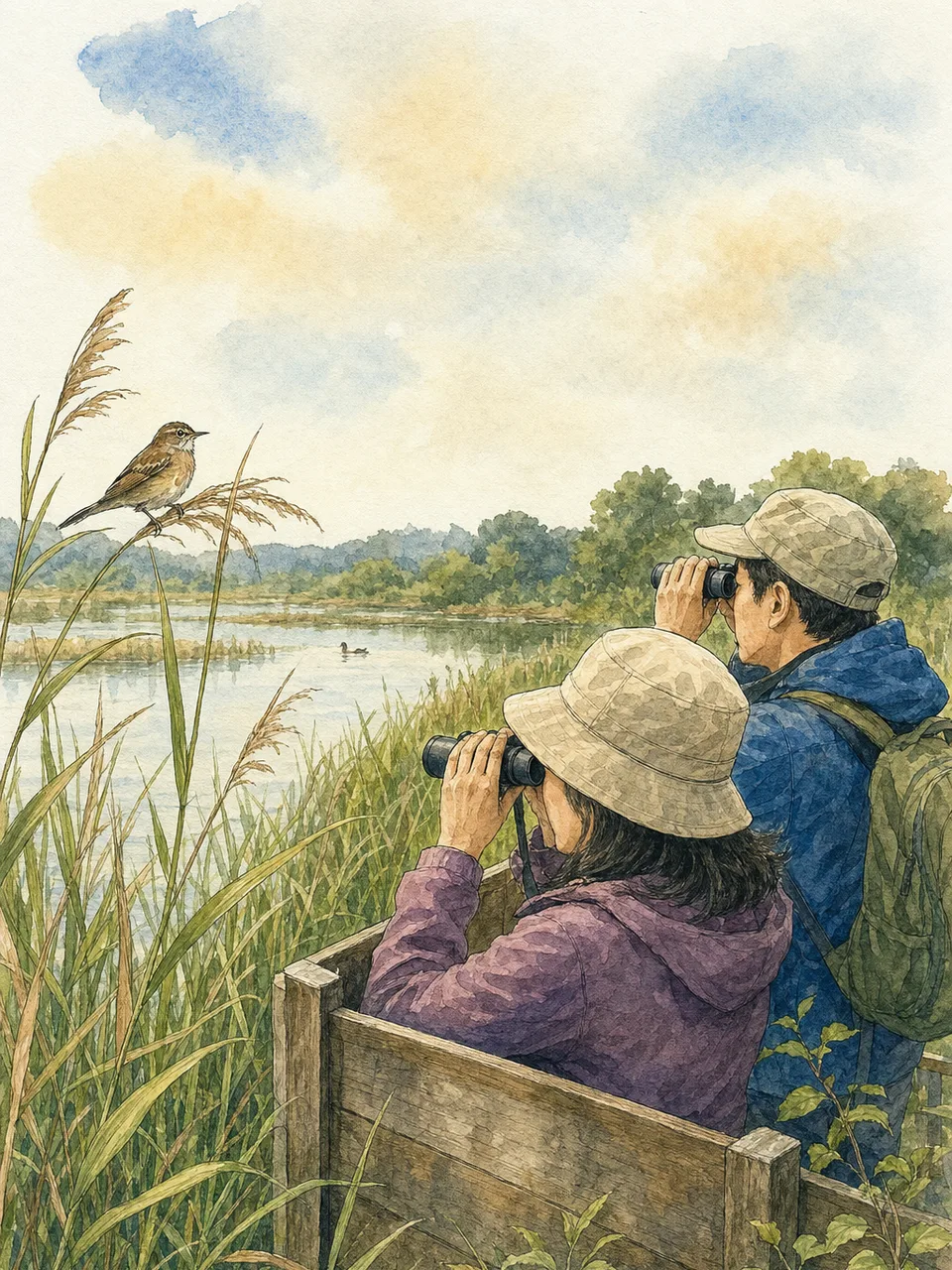 野鳥を観察する日本人（手描き水彩）。野鳥、バードウォッチング、自然観察、アウトドアの記事向け素材です。