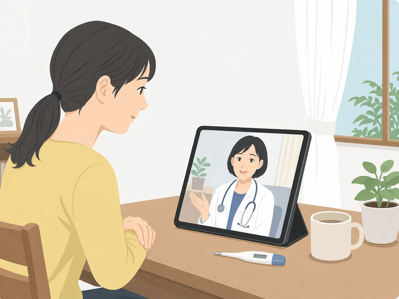 遠隔医療を利用する日本人患者（フラットイラスト）。遠隔医療、オンライン診療、在宅医療、デジタルヘルスの記事向け素材です。