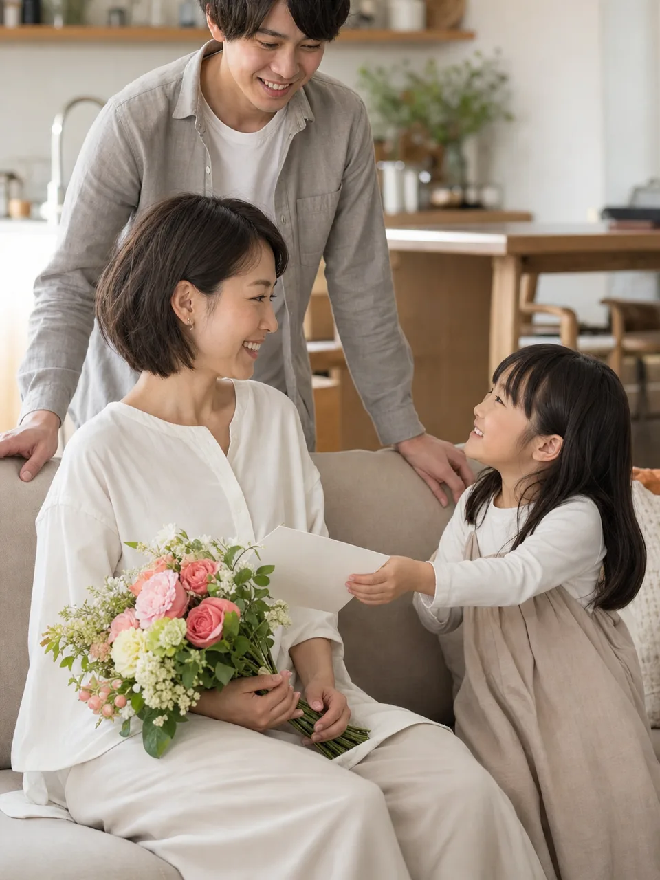 母の日に感謝を伝える日本人家族（自然な縦位置写真）。母の日、家族、感謝、春の行事の記事向け素材です。
