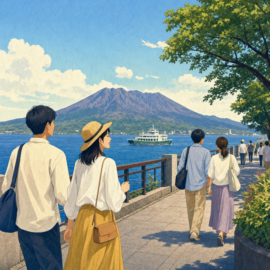 鹿児島の湾岸を旅する日本人（編集記事向け）。鹿児島、湾岸風景、火山、九州旅行の記事向け素材です。