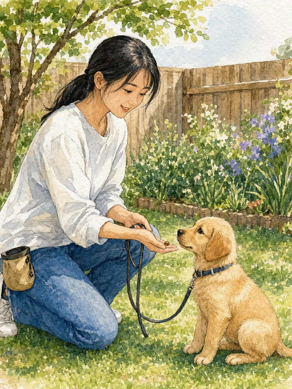 子犬をしつける日本人飼い主（手描き水彩）。子犬、犬のしつけ、ペットケア、暮らしの記事向け素材です。