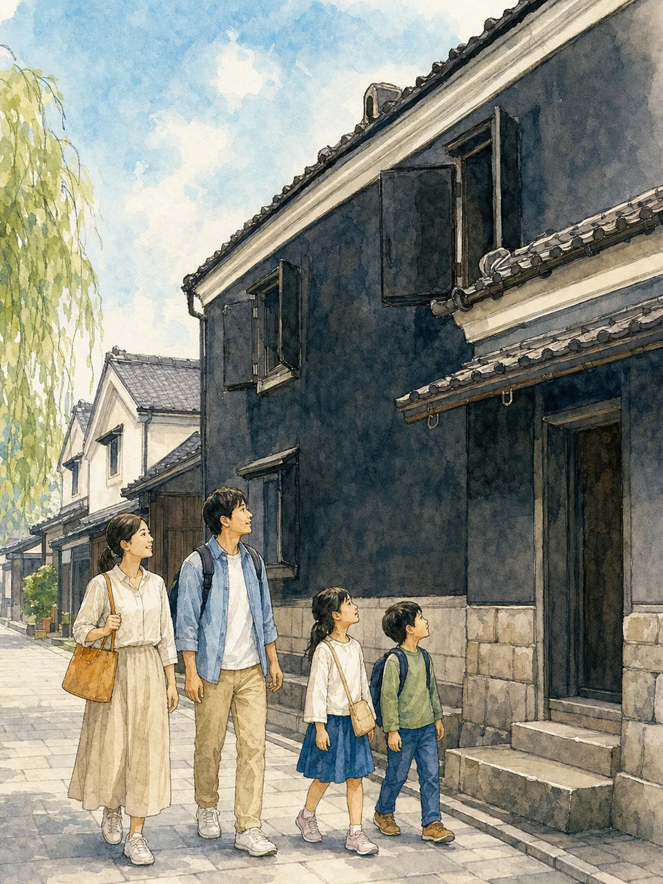 埼玉の蔵造りの町を歩く旅行者（手描き水彩）。埼玉旅行、川越、蔵造り、小江戸の記事や案内に使える商用素材です。