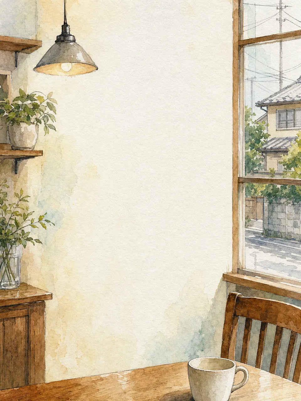 くつろぎを感じるカフェ背景（水彩フレーム）。カフェ背景、コーヒー、飲食店、落ち着いたデザイン向け素材です。