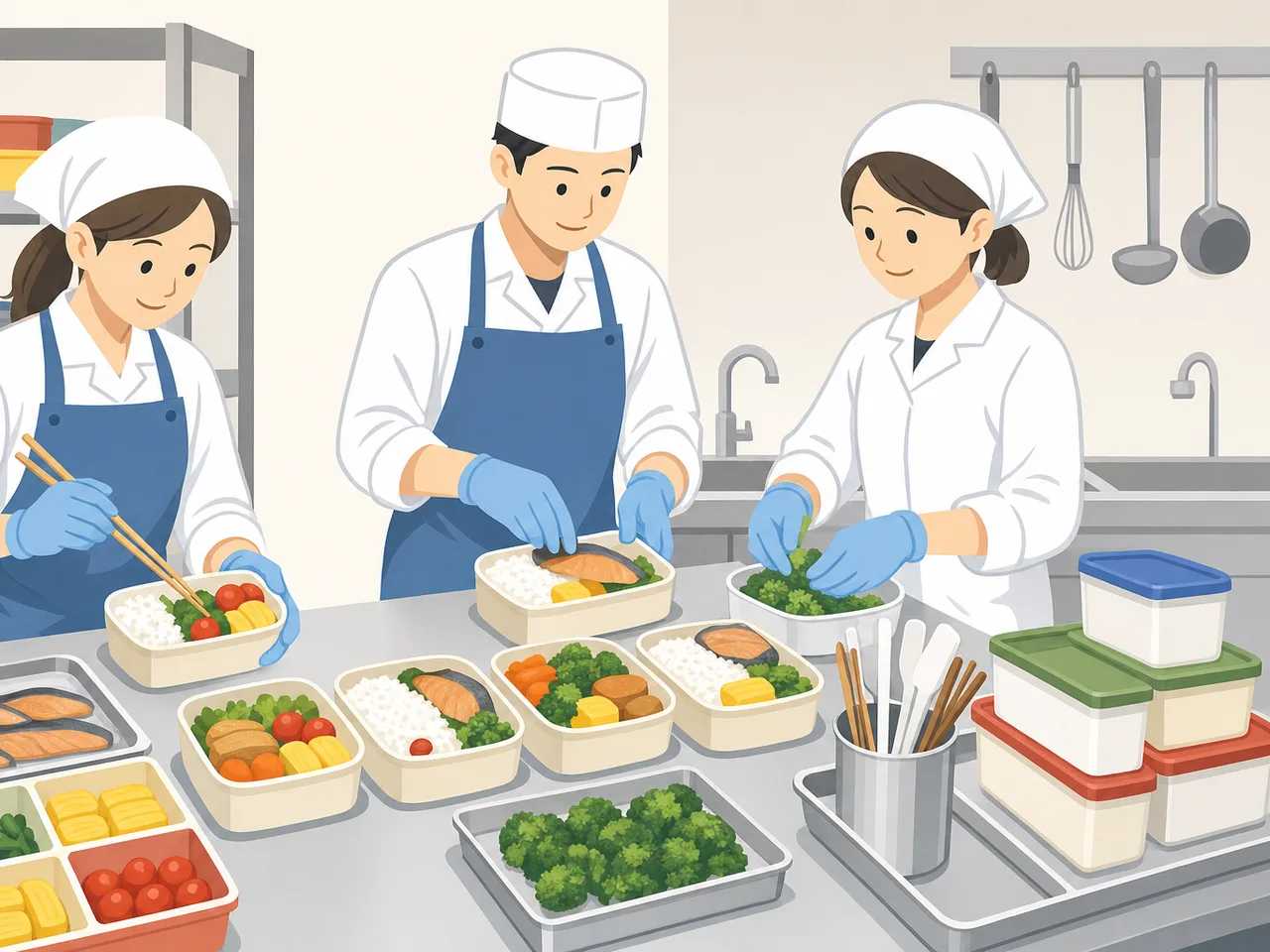 アレルギーに配慮した昼食を準備する日本人（フラットイラスト）。アレルギー対応食、給食、食物アレルギー、調理の記事や案内に使える商用素材です。