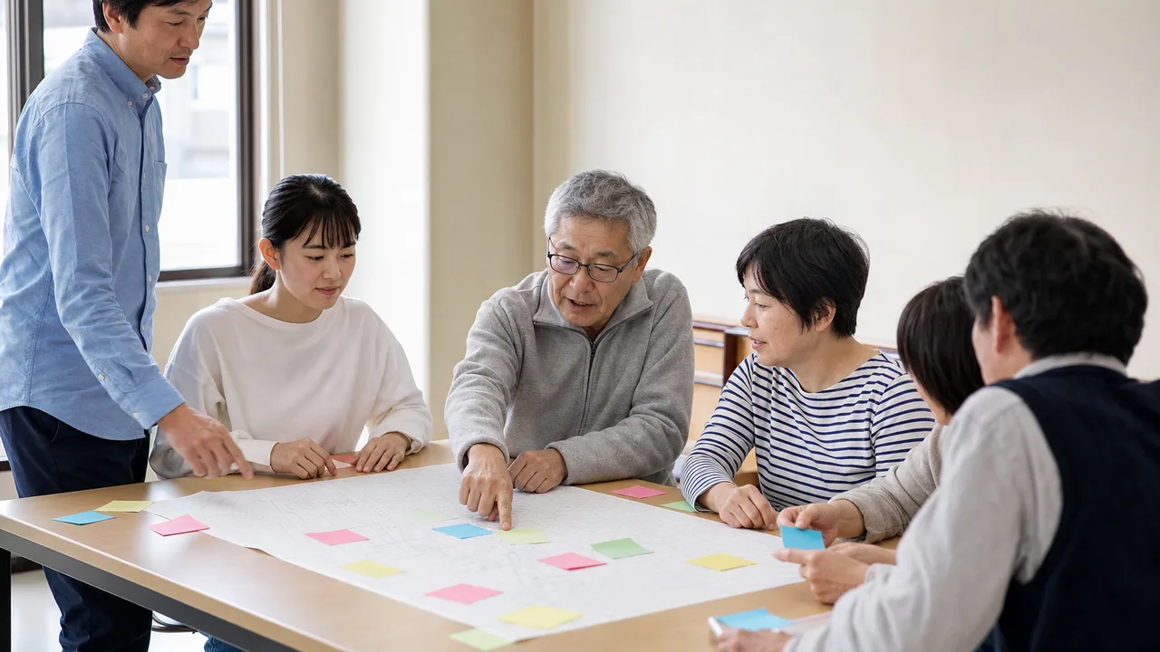 町内会で話し合う日本人住民（横長・コピースペース）。町内会、自治会、地域コミュニティ、住民活動の記事向け素材です。