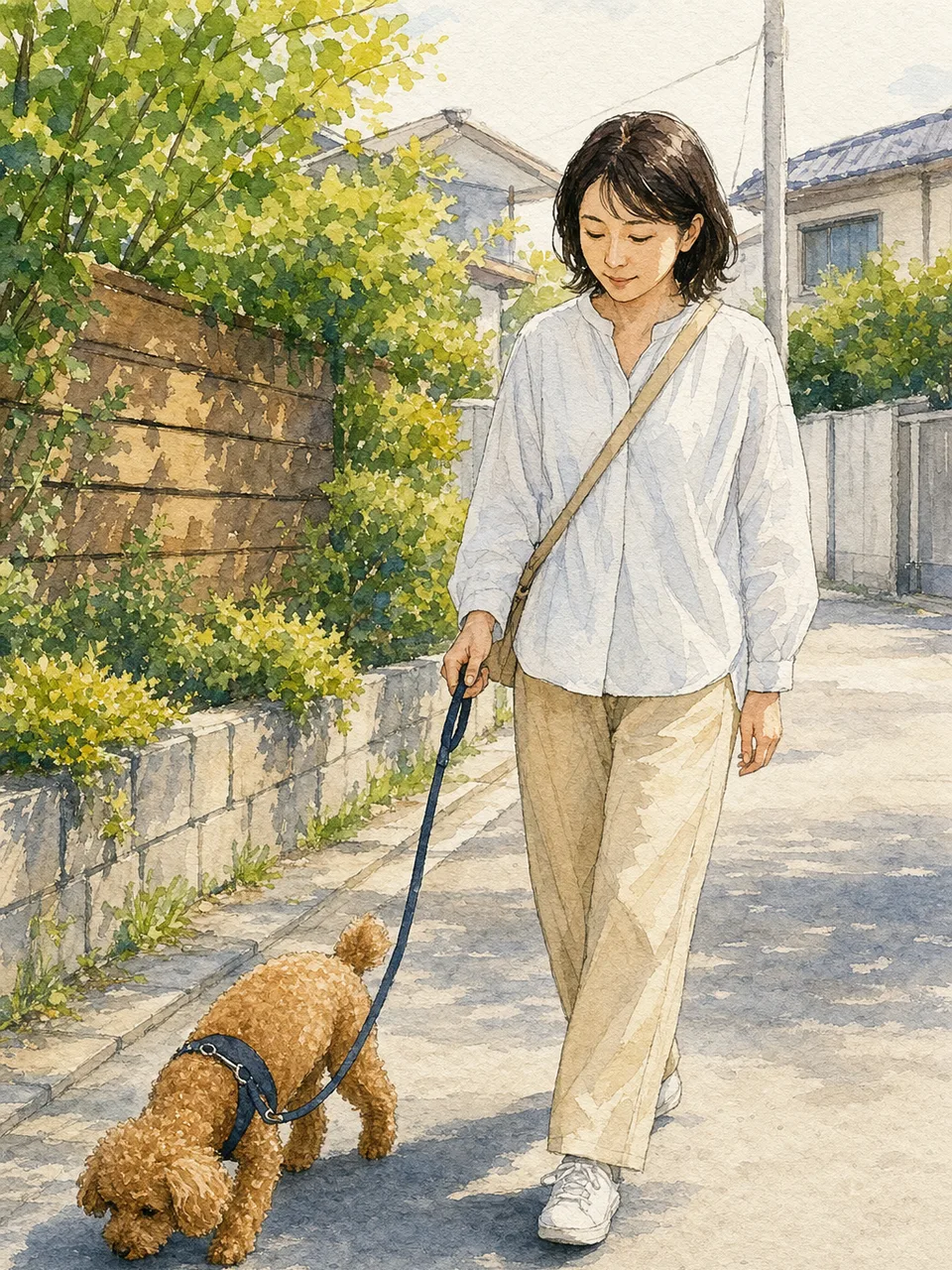 トイプードルと散歩する日本人（手描き水彩）。トイプードル、犬の散歩、ペット、日常の記事向け素材です。