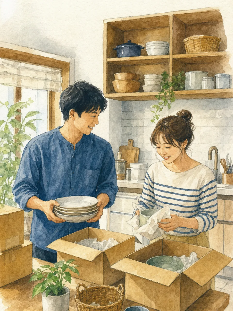 新生活を整える日本人の新婚夫婦（手描き水彩）。新婚夫婦、新生活、二人暮らし、協力の記事向け素材です。