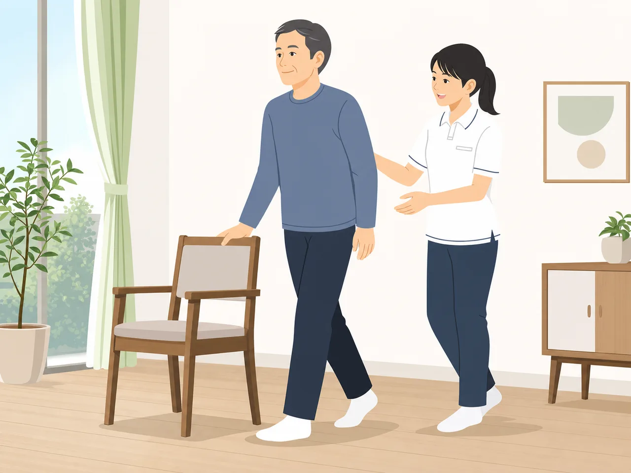 訪問リハビリに取り組む日本人（フラットイラスト）。訪問リハビリ、在宅リハビリ、理学療法士、機能訓練の記事や案内に使える商用素材です。