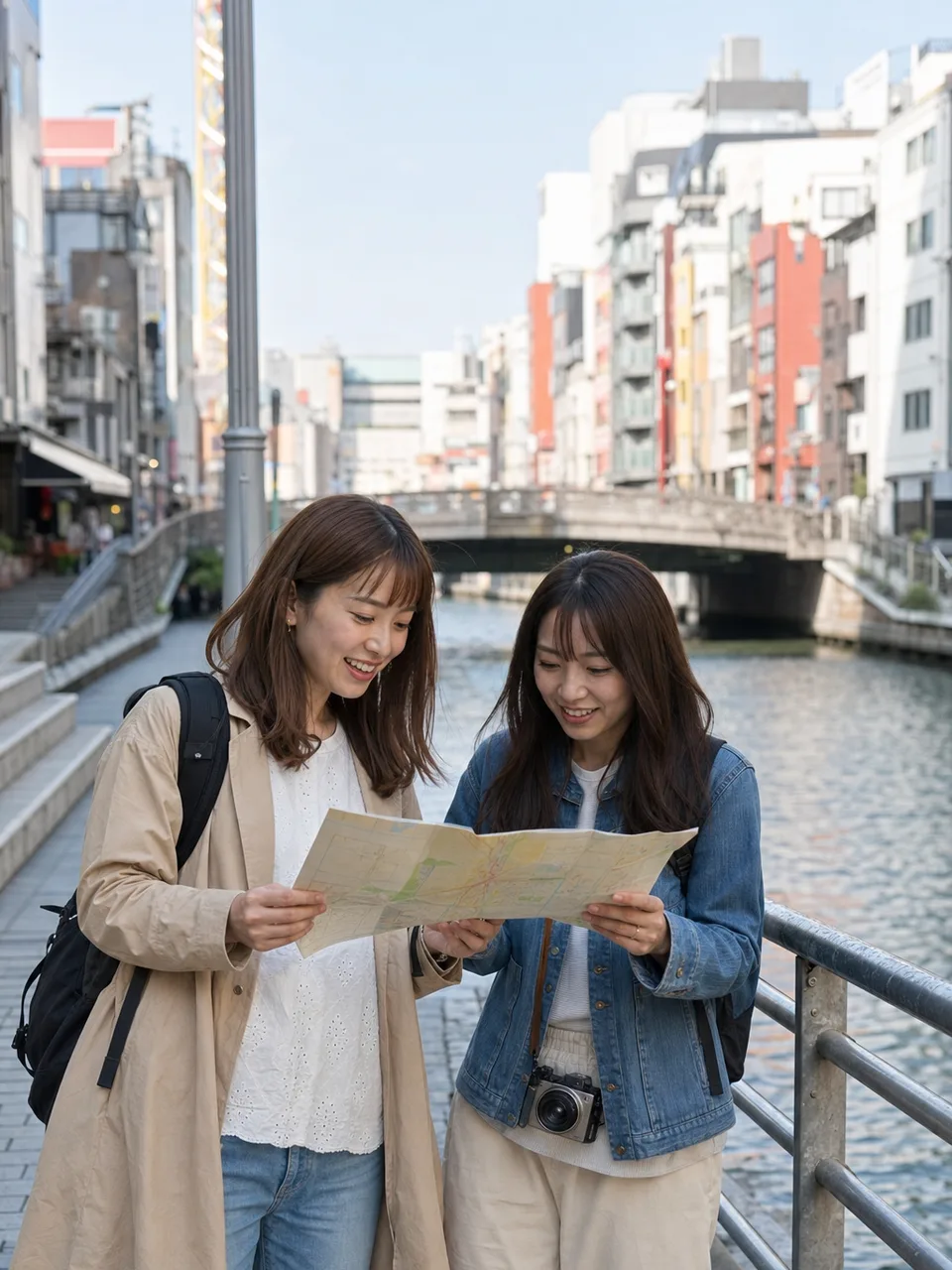 大阪の街歩きを楽しむ日本人旅行者（自然な縦位置写真）。大阪、国内旅行、街歩き、都市観光の記事向け素材です。