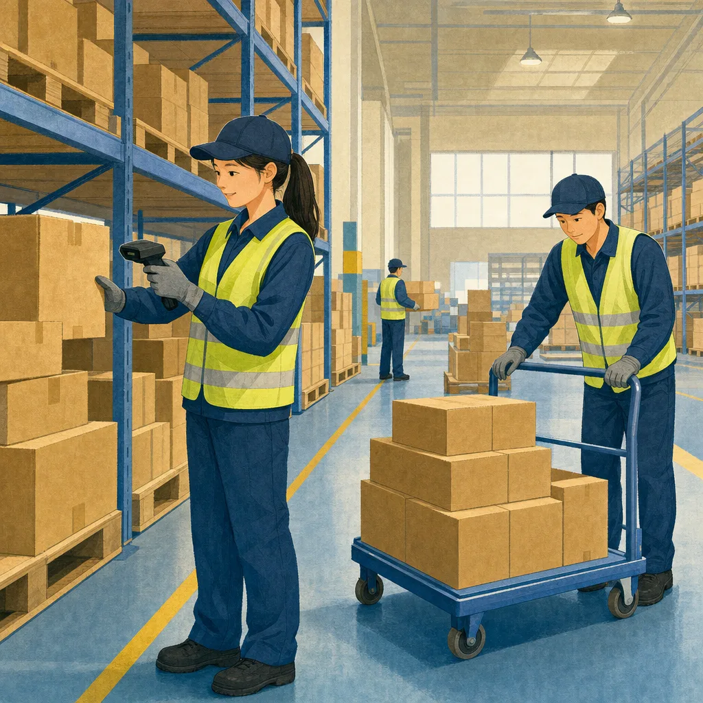 倉庫で商品を仕分ける日本人作業員（編集記事向け）。倉庫作業、物流、ピッキング、在庫管理の記事向け素材です。