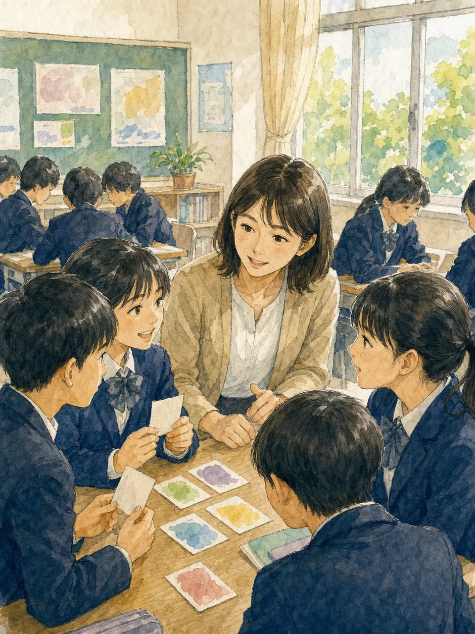 授業を進める日本人中学校教師（手描き水彩）。中学校教師、授業、学校教育、生徒の学びの記事向け素材です。