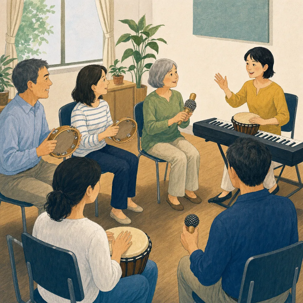音楽教室で演奏を学ぶ日本人（編集記事向け）。音楽教室、楽器練習、習い事、生涯学習の記事向け素材です。