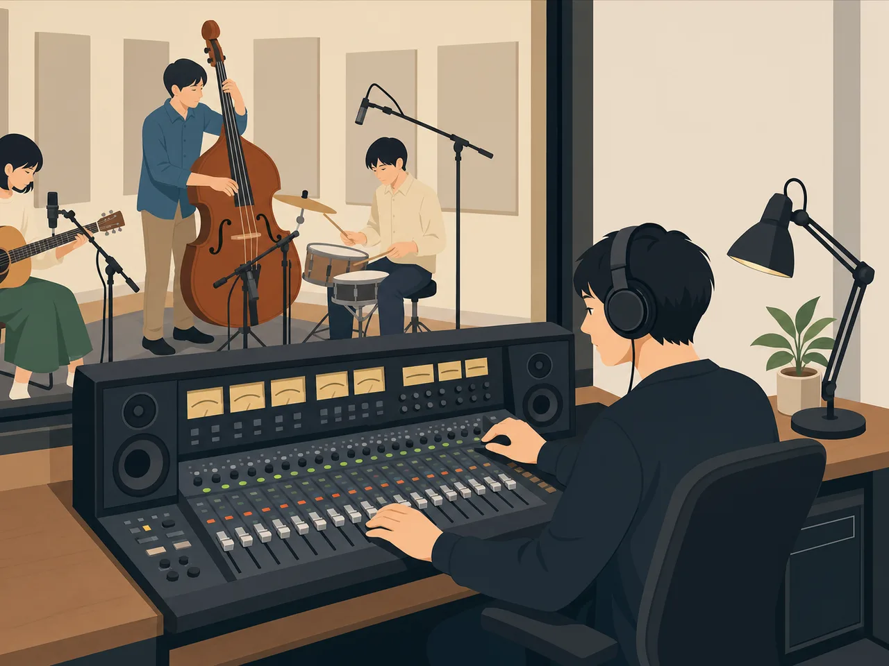 録音を調整する日本人音響エンジニア（フラットイラスト）。音響エンジニア、レコーディング、録音、音楽制作の記事や案内に使える商用素材です。