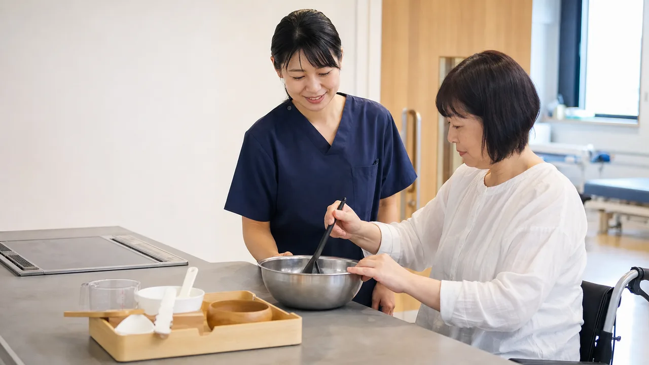 生活動作を支援する日本人作業療法士（横長・コピースペース）。作業療法士、リハビリ、生活動作、自立支援の記事向け素材です。