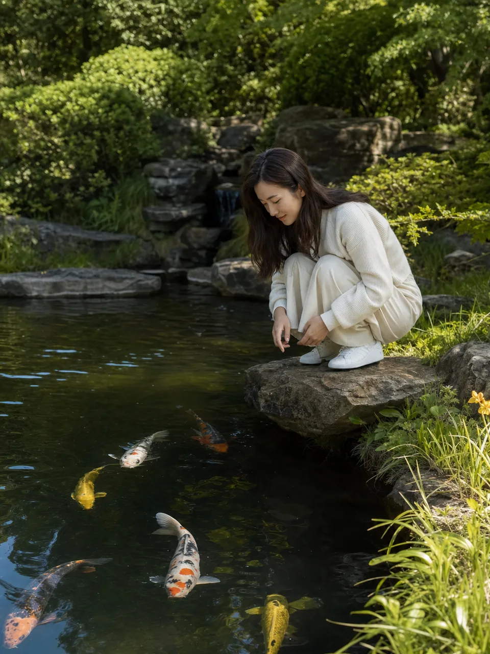 庭園の池で泳ぐ健康な錦鯉（自然な縦位置写真）。錦鯉、鯉、庭園池、観賞魚の記事や案内に使える商用素材です。
