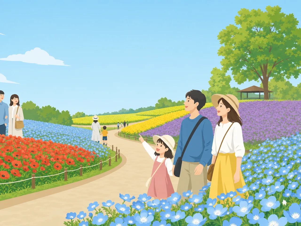 茨城の花畑を楽しむ旅行者（フラットイラスト）。茨城旅行、花畑、花公園、関東旅行の記事や案内に使える商用素材です。