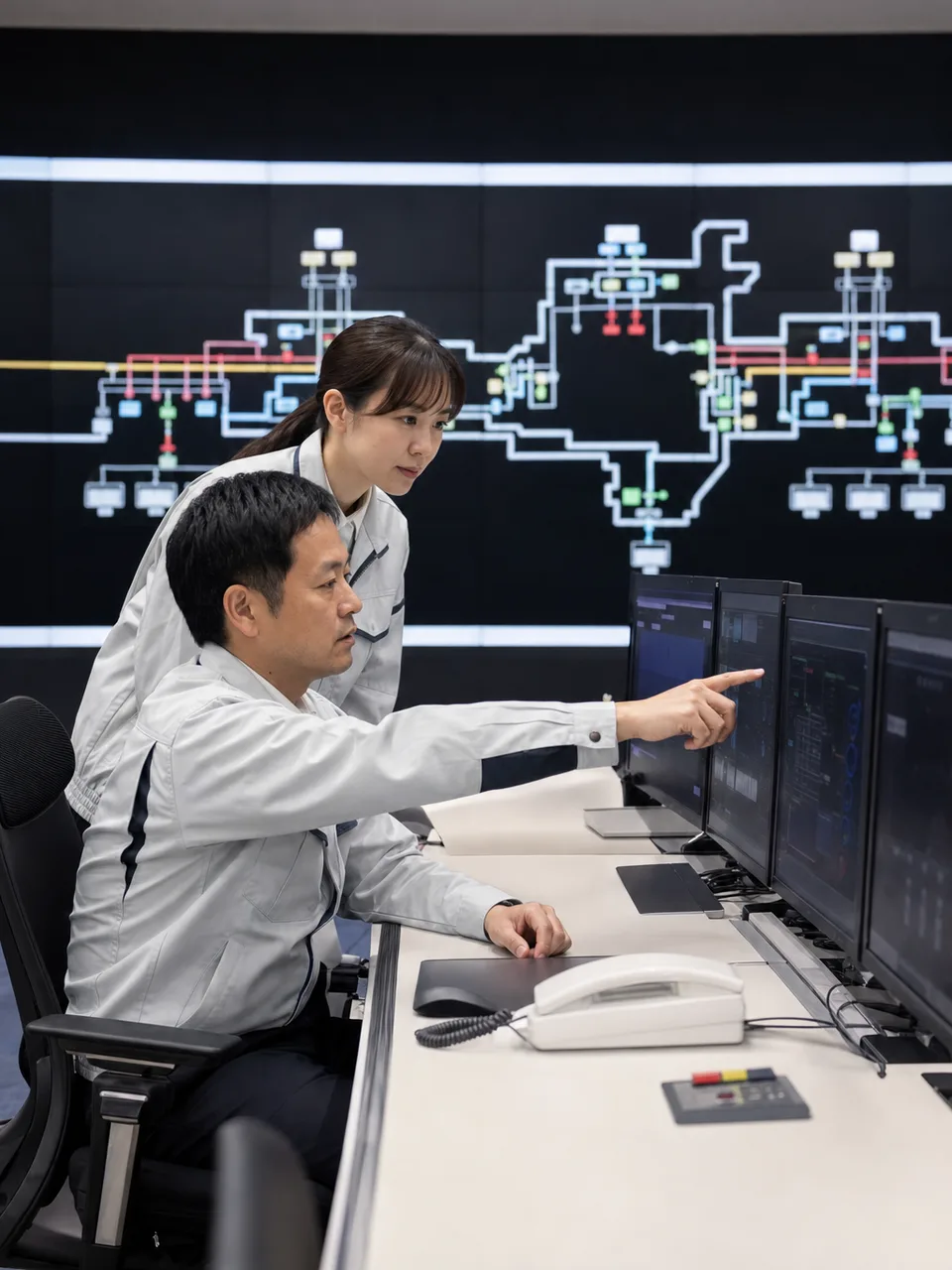 電力系統を運用する日本人チーム（自然な縦位置写真）。電力系統、系統運用、電力供給、監視制御の記事や案内に使える商用素材です。