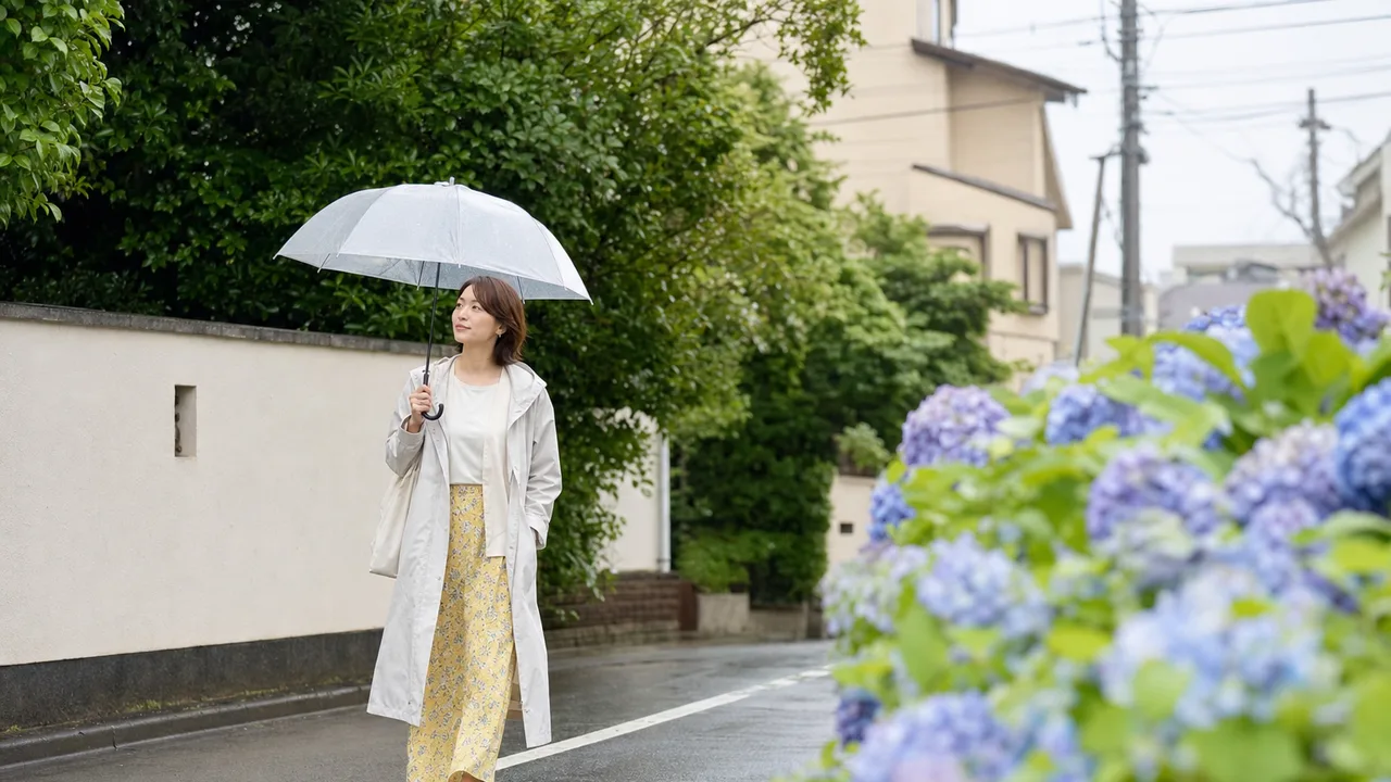 梅雨の街を歩く日本人（横長・コピースペース）。梅雨、雨、通勤、暮らしの記事に使える季節素材です。
