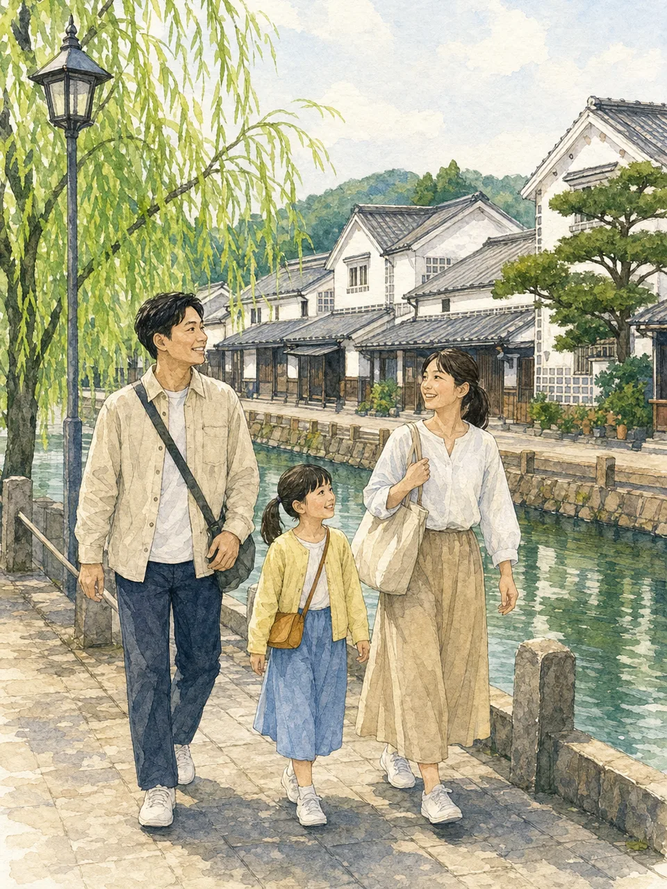 岡山の白壁の町を歩く旅行者（手描き水彩）。岡山旅行、倉敷、白壁の町、中国地方旅行の記事や案内に使える商用素材です。