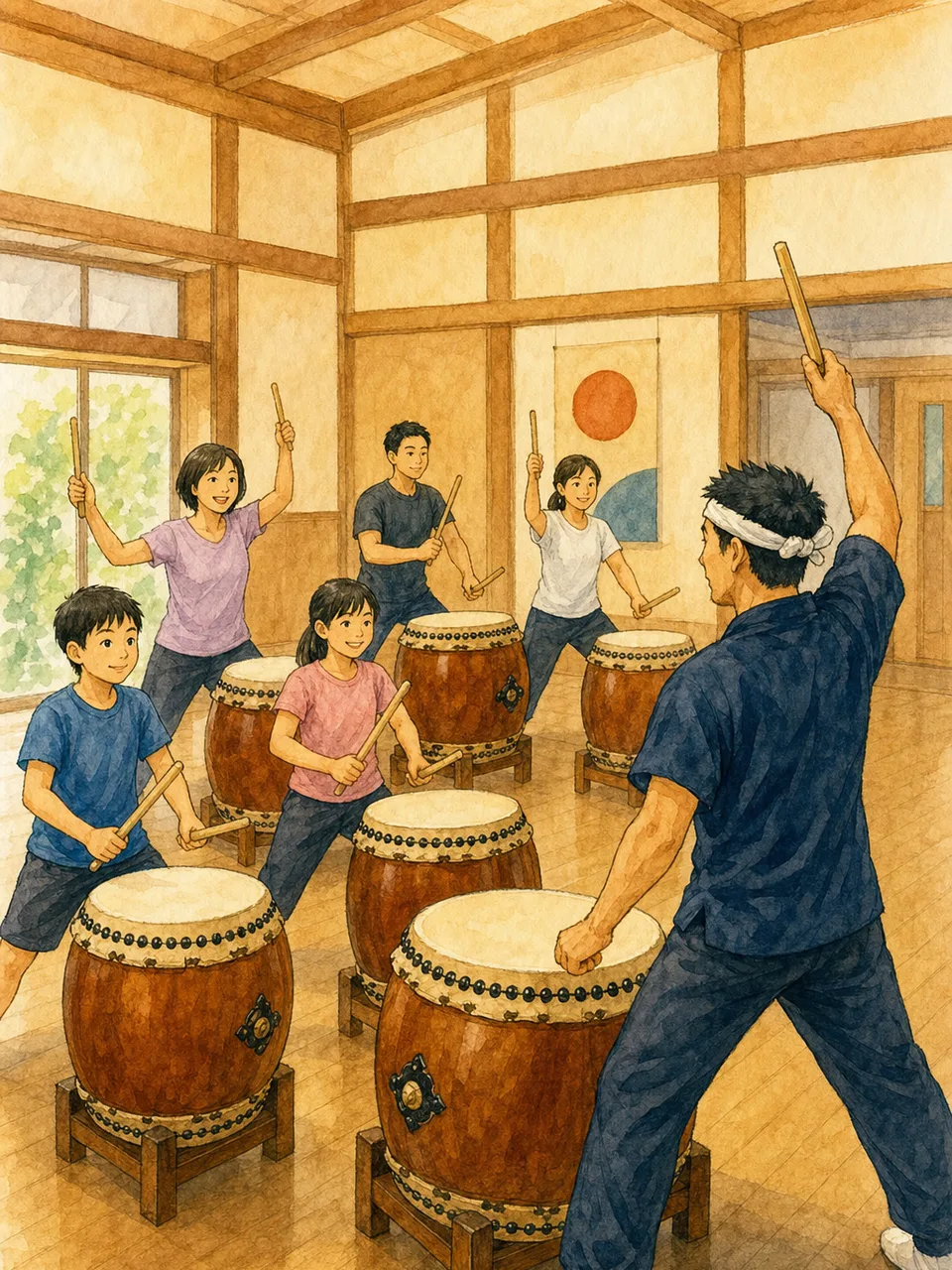和太鼓を練習する日本人（手描き水彩）。和太鼓、太鼓練習、伝統音楽、地域活動の記事や案内に使える商用素材です。