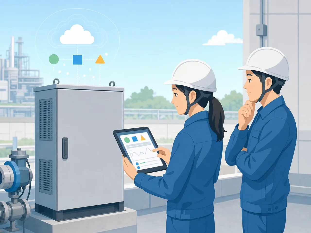 エッジコンピューティングを運用する日本人（フラットイラスト）。エッジコンピューティング、IoT、分散処理、システム運用の記事や案内に使える商用素材です。