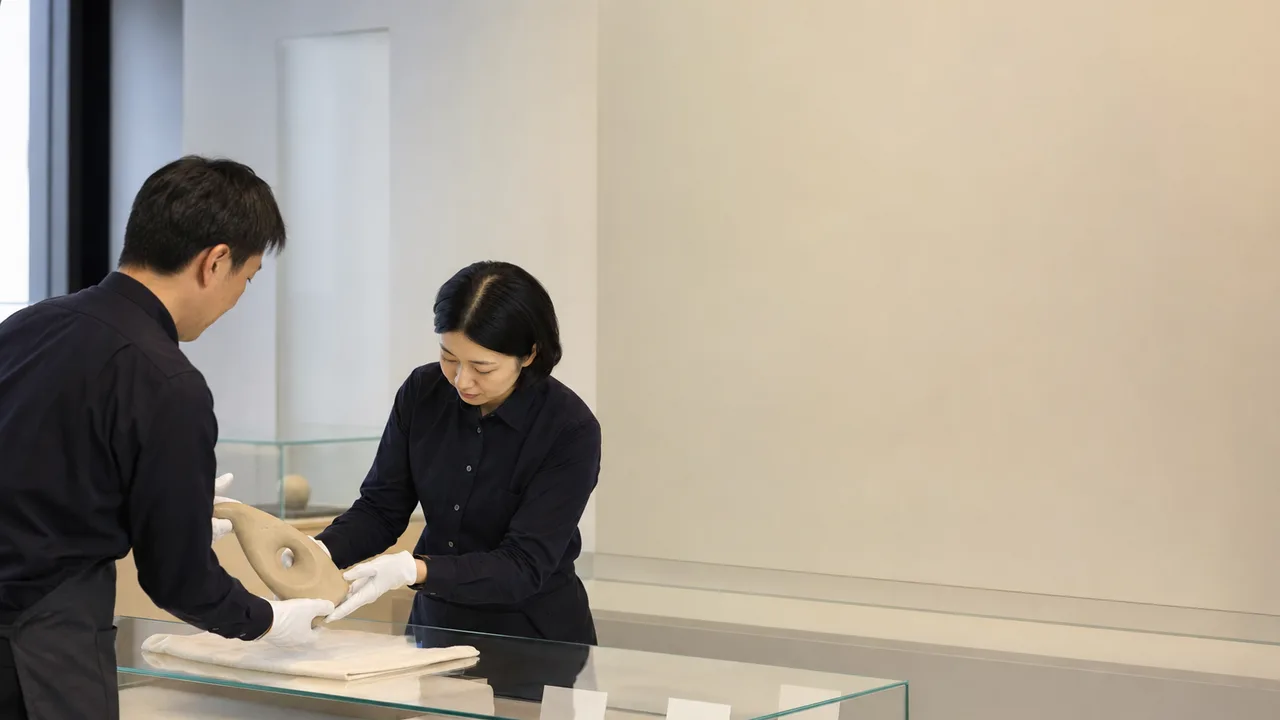展示準備をする日本人学芸員（横長・コピースペース）。学芸員、博物館、美術館、展示企画の記事向け素材です。