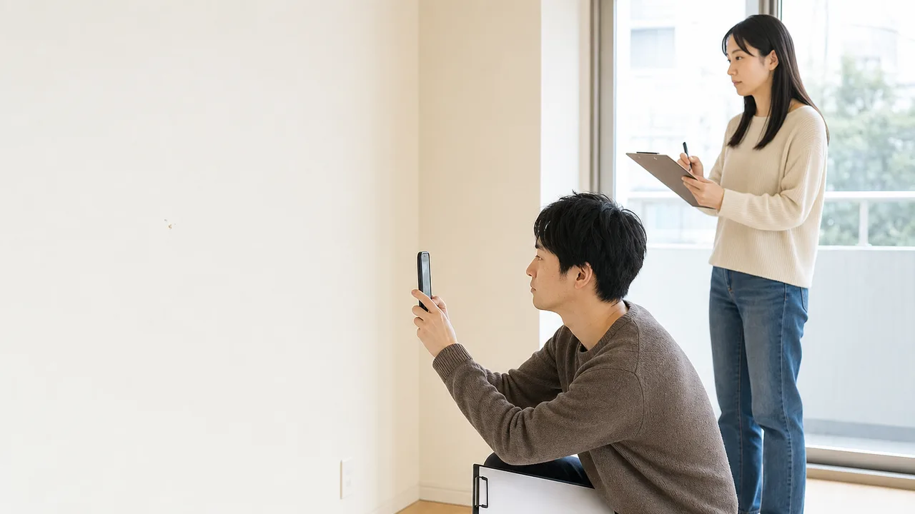 賃貸住宅の入居前点検をする日本人（横長・コピースペース）。賃貸入居点検、引越し、部屋確認、住まいの記事向け素材です。
