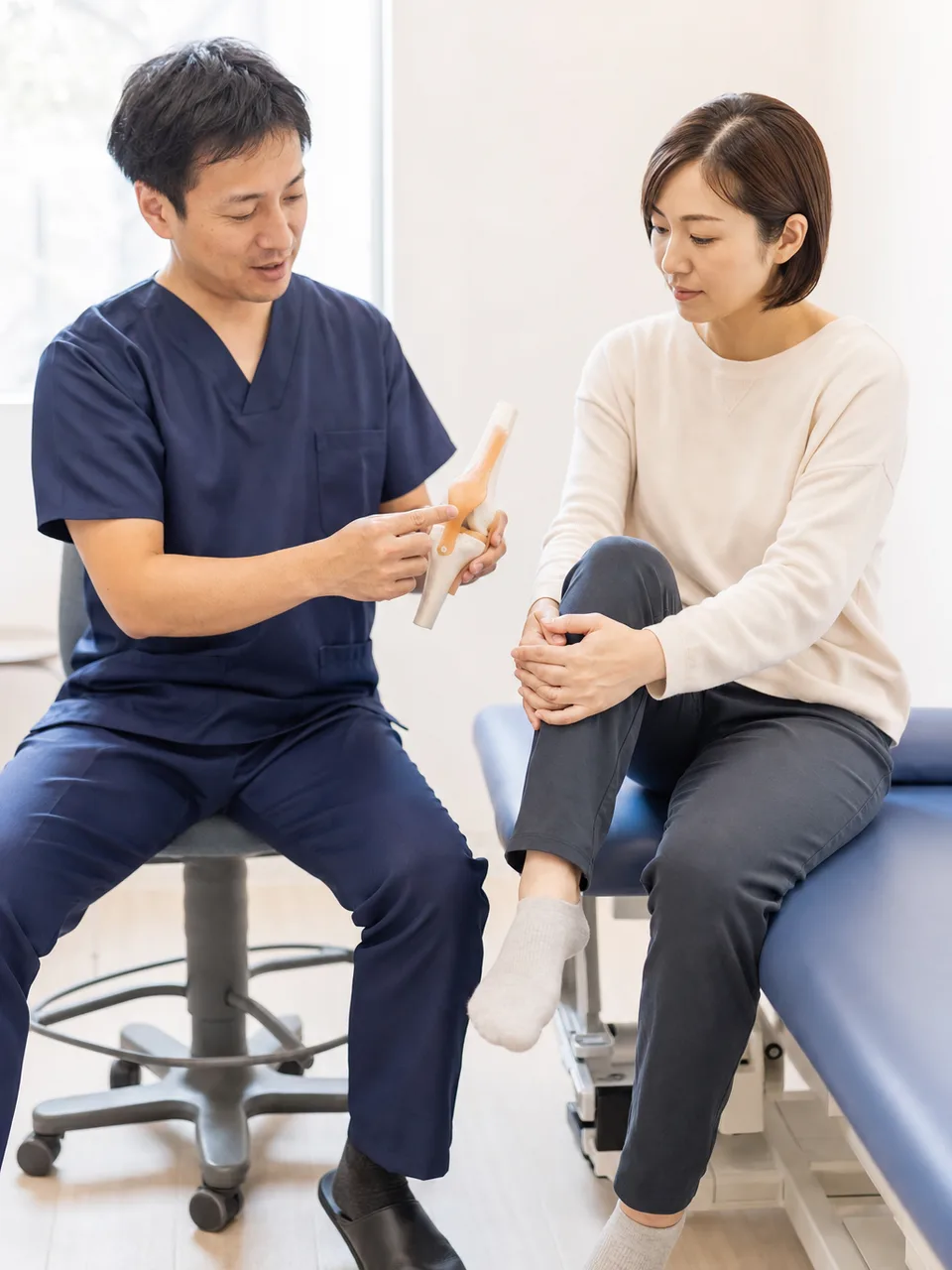 整形外科で相談する日本人患者（自然な縦位置写真）。整形外科、関節、運動器、リハビリ相談の記事向け素材です。