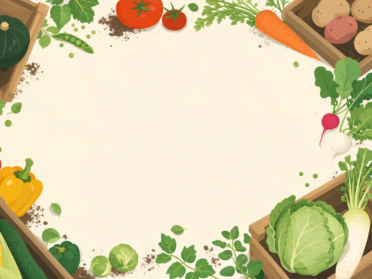 農業と旬の野菜を表す背景（フレームイラスト）。農業背景、野菜、農産物、食材の記事や案内に使える商用素材です。