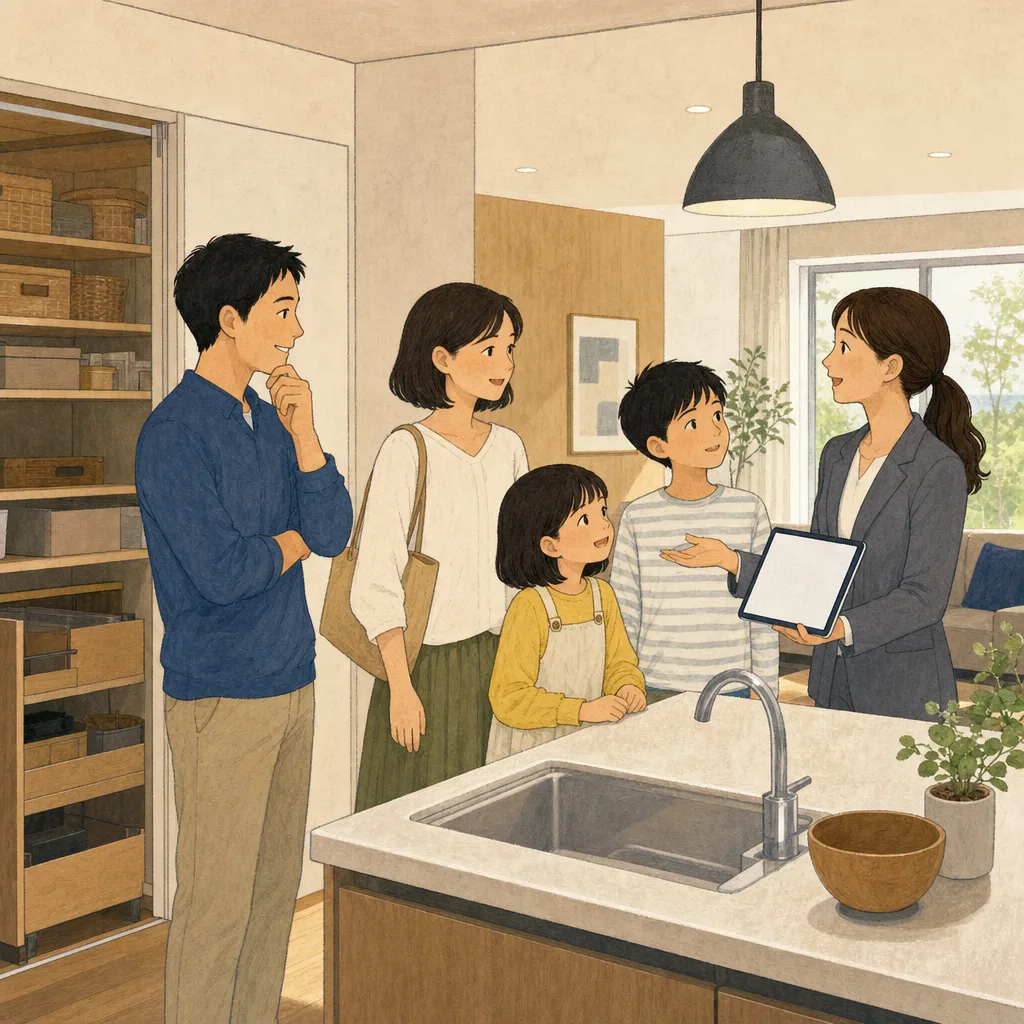 住宅展示場を見学する日本人家族（編集記事向け）。住宅展示場、モデルルーム、家づくり、住宅購入の記事向け素材です。