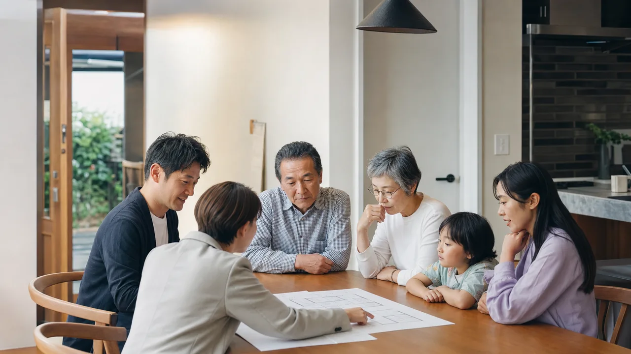 二世帯住宅で暮らす日本人家族（横長・コピースペース）。二世帯住宅、三世代家族、間取り、住まいの記事向け素材です。