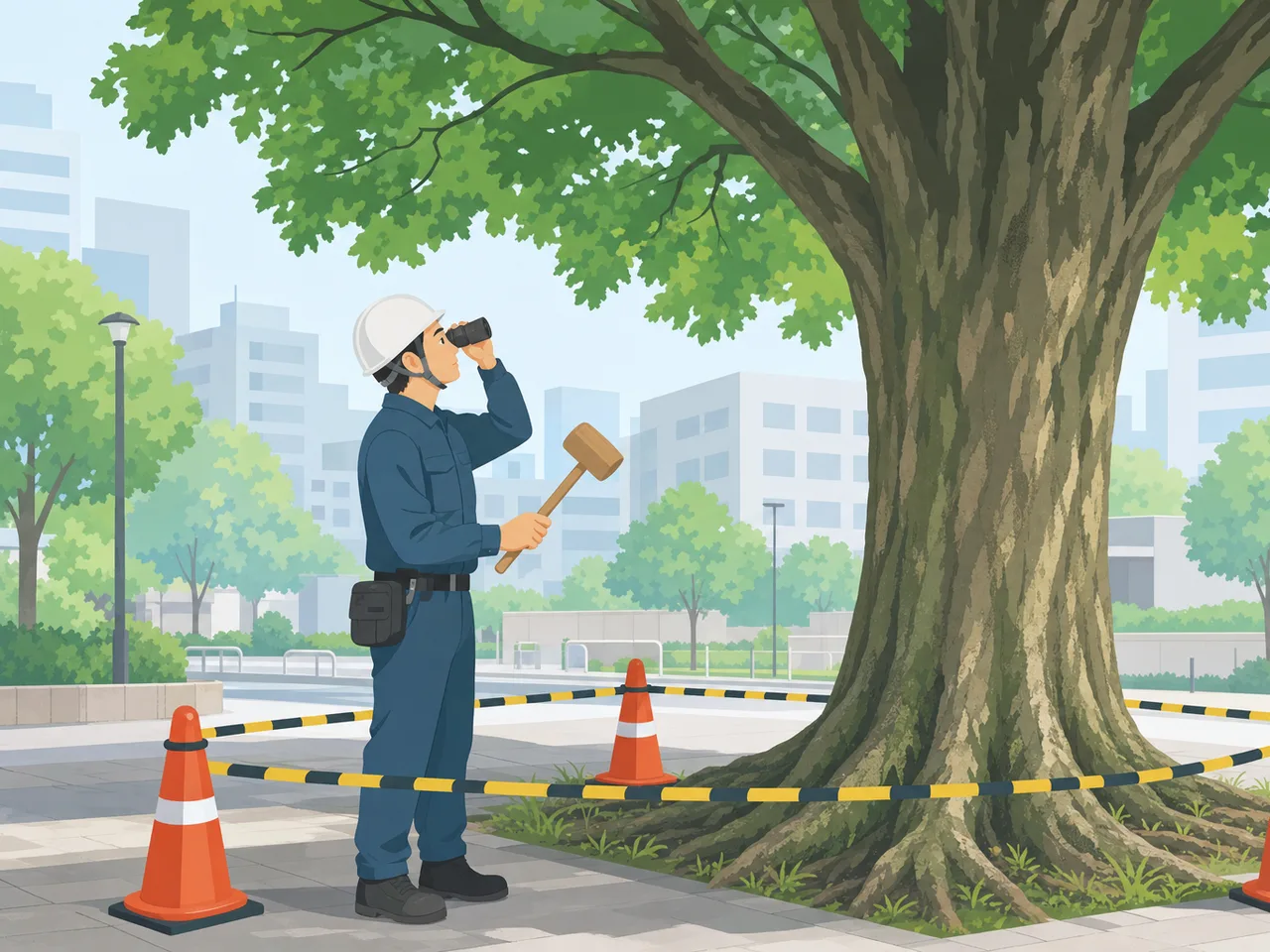 樹木を診断する日本人アーボリスト（フラットイラスト）。アーボリスト、樹木診断、樹木管理、造園の記事や案内に使える商用素材です。
