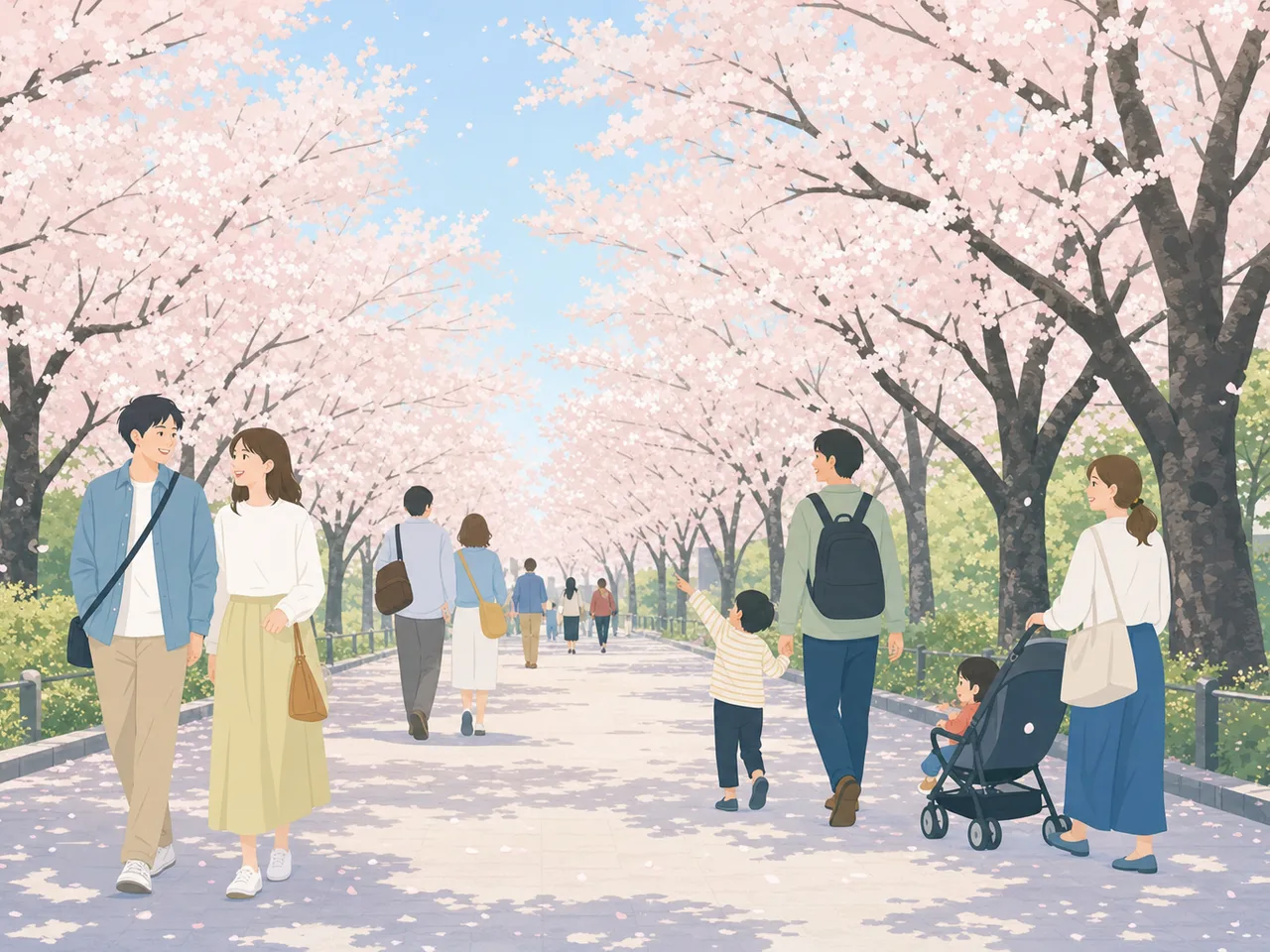 桜並木を歩く日本人（フラットイラスト）。桜並木、春、散歩、日本の季節の記事向け素材です。