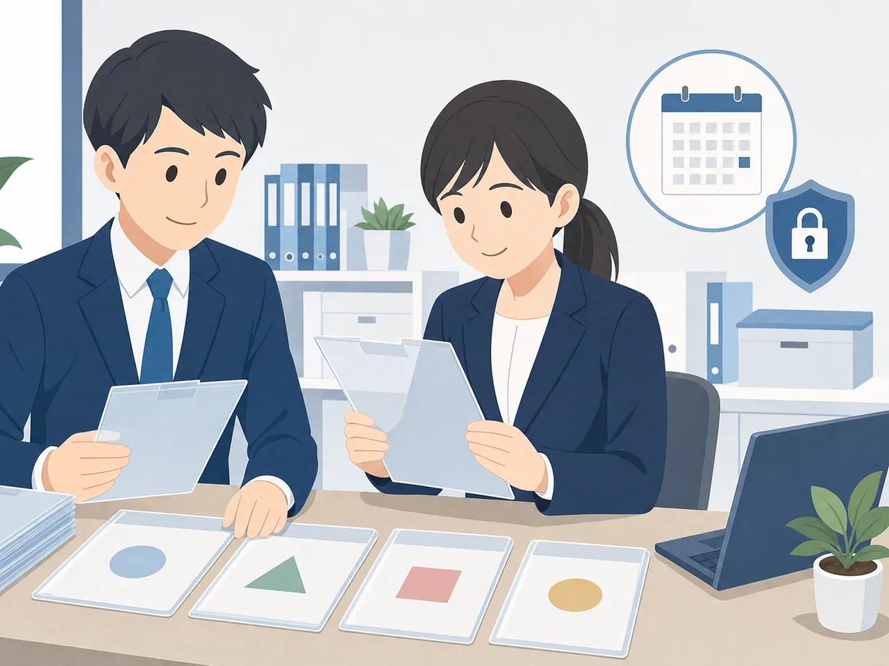 年末調整を確認する日本人人事担当者（フラットイラスト）。年末調整の社内確認、人事の年末調整業務、年末調整、給与計算の記事や案内に使える商用素材です。