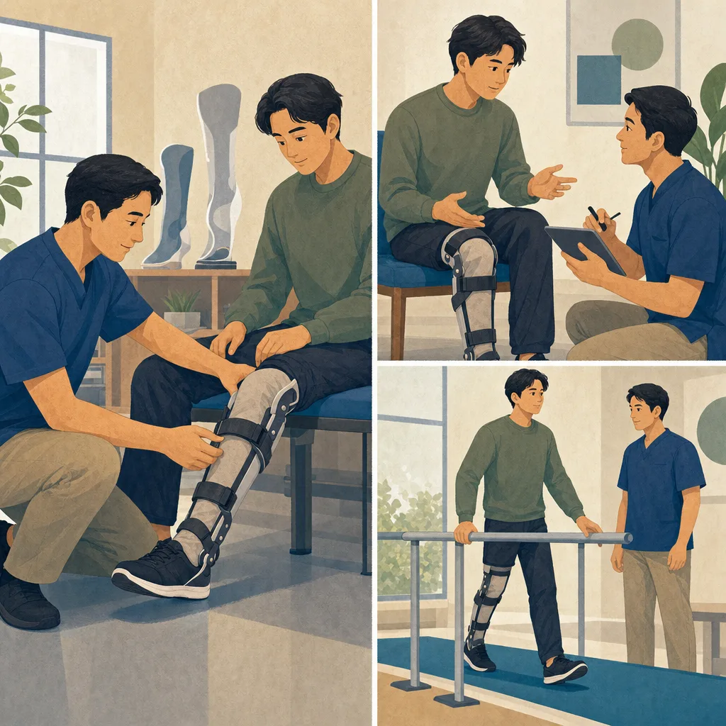 装具を調整する日本人義肢装具士（編集記事向け）。義肢装具士、装具、福祉用具、リハビリの記事や案内に使える商用素材です。