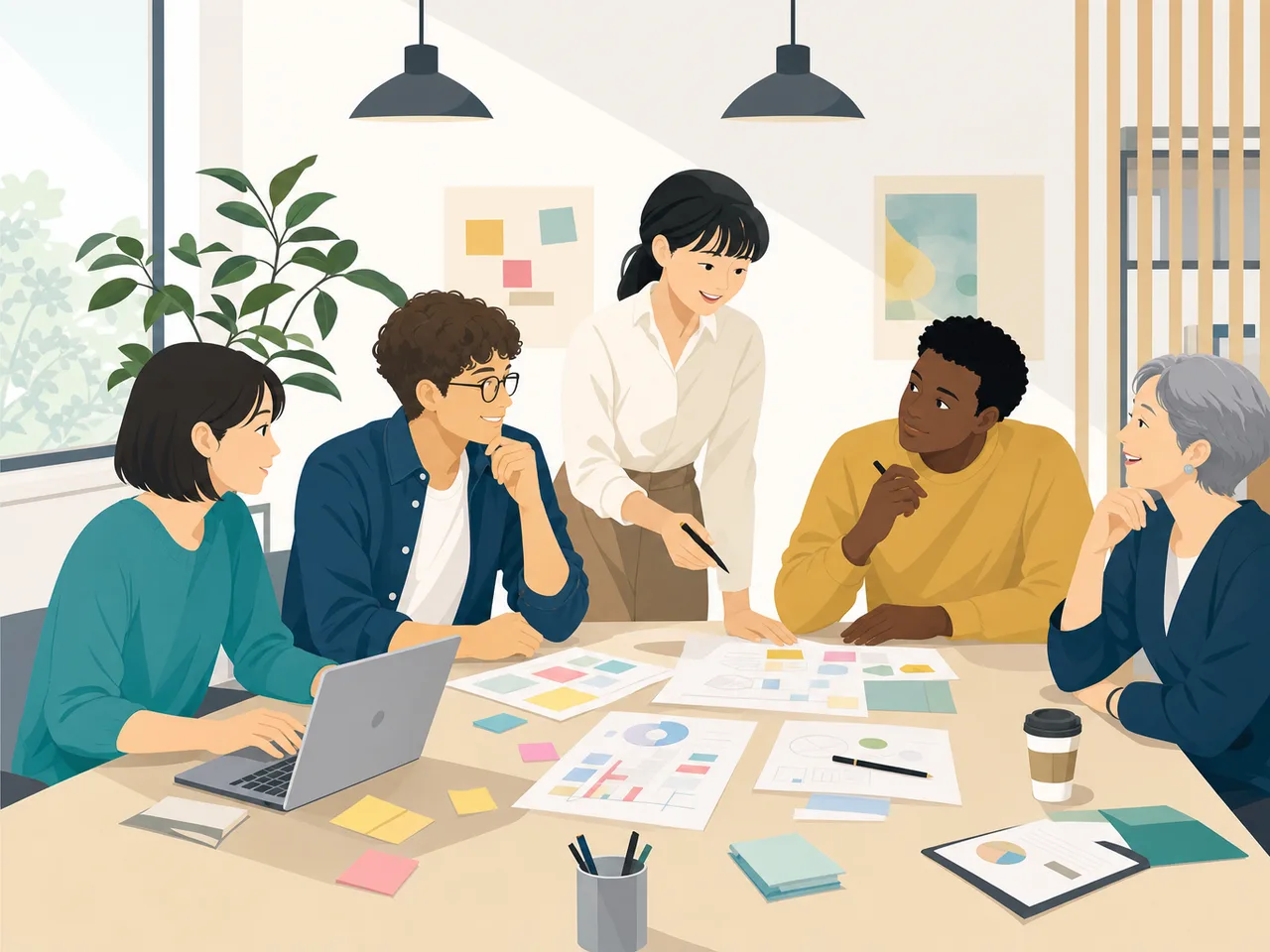 多文化な職場で協働する人々（フラットイラスト）。外国人労働者、多文化共生、採用、職場づくりの記事に使える素材です。