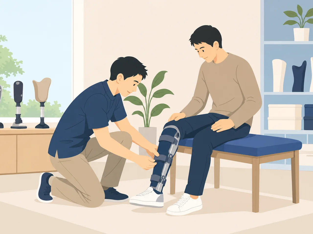 装具を調整する日本人義肢装具士（フラットイラスト）。義肢装具士、装具、福祉用具、リハビリの記事や案内に使える商用素材です。