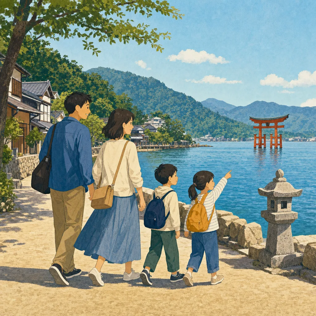 宮島の海辺を訪れる日本人旅行者（編集記事向け）。宮島、瀬戸内、島旅、国内旅行の記事向け素材です。