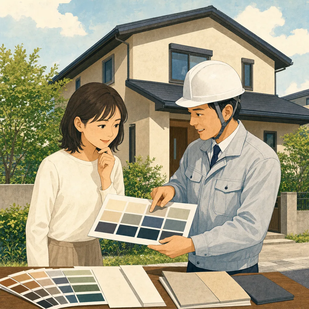 外壁塗装を相談する日本人（編集記事向け）。外壁塗装、住宅塗装、リフォーム、外壁メンテナンスの記事や案内に使える商用素材です。
