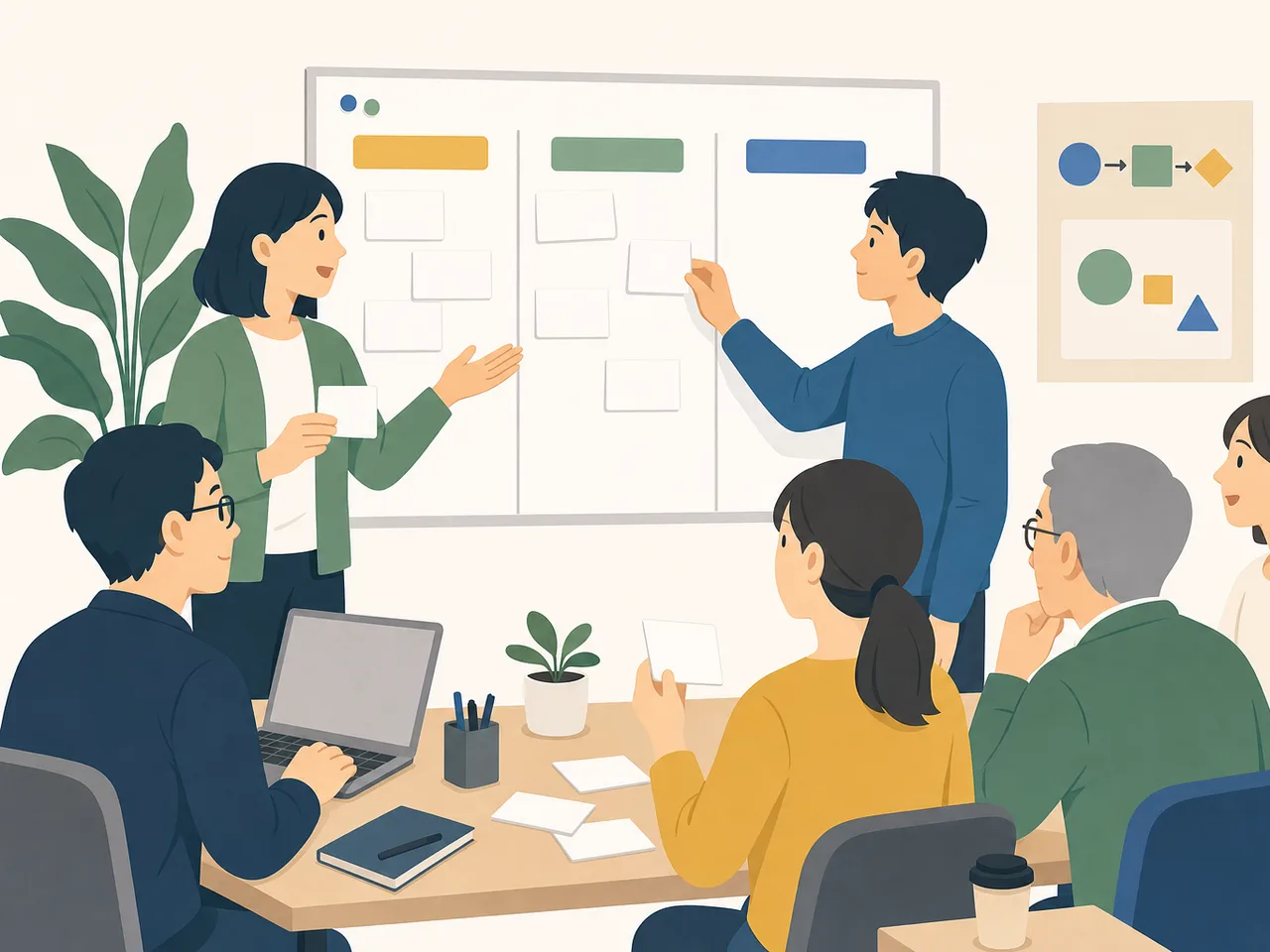 オープンソースを語る日本人開発者（フラットイラスト）。オープンソース、開発者コミュニティ、勉強会、ソフトウェア開発の記事や案内に使える商用素材です。