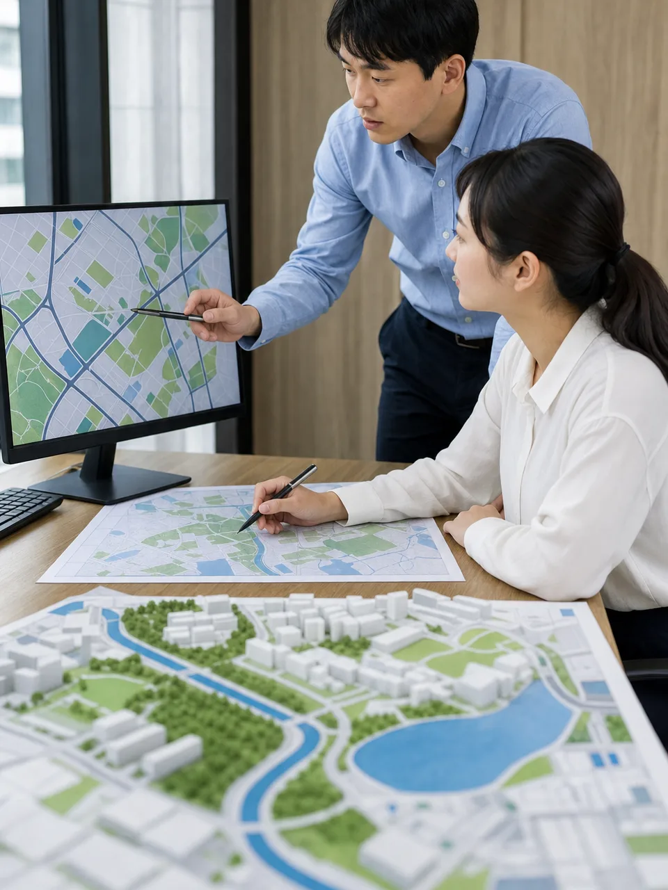 地理情報を分析する日本人GIS担当者（自然な縦位置写真）。GIS、地理情報システム、都市計画、地図の記事や案内に使える商用素材です。