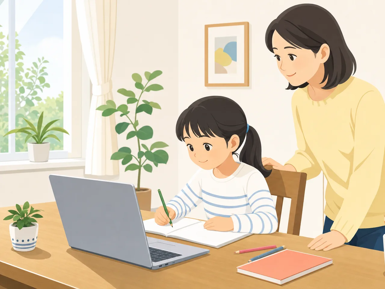自宅でオンライン学習をする小学生（フラットイラスト）。オンライン教育、家庭学習、学習支援サービスに使える親子素材です。